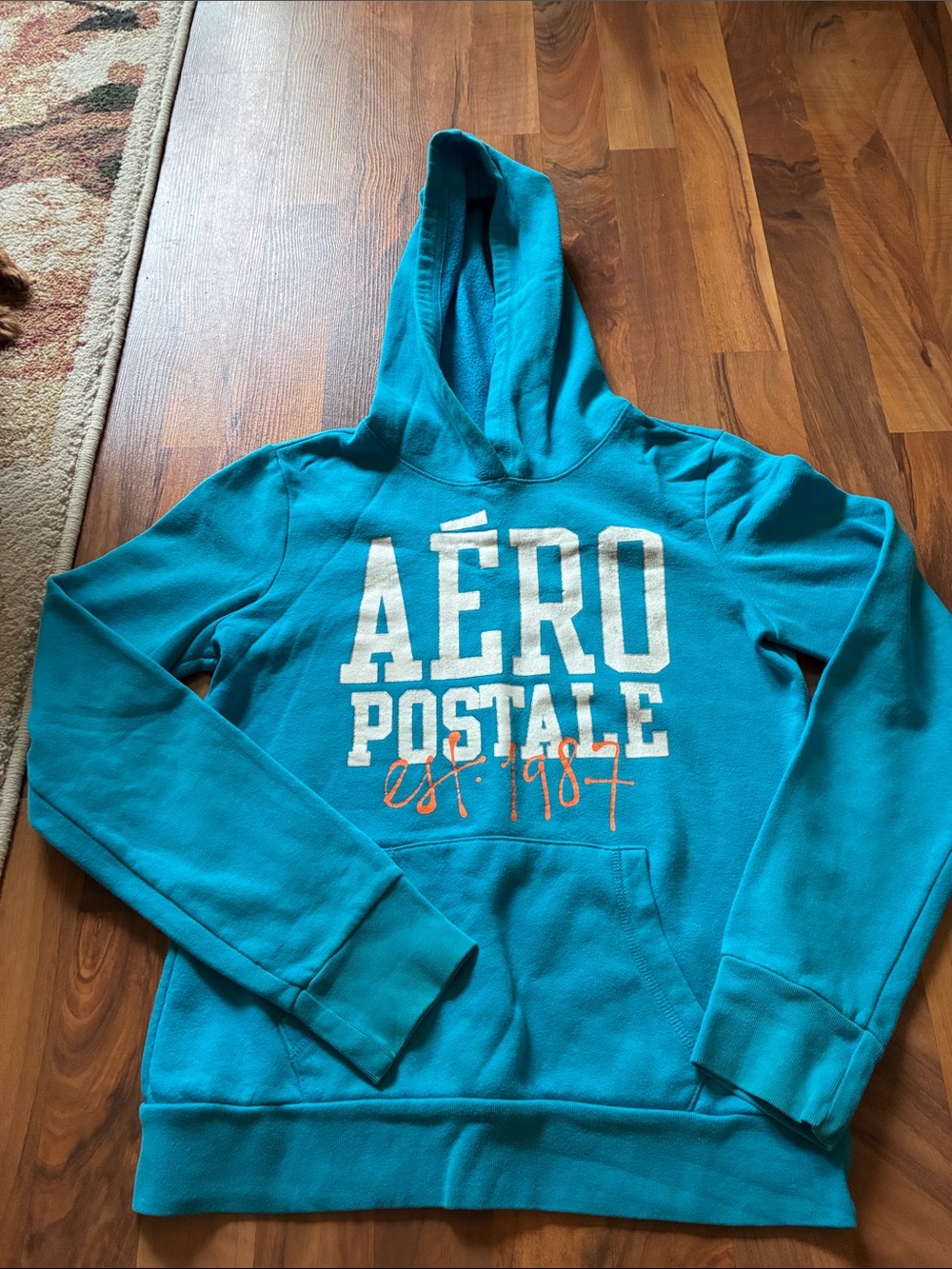 Aeropostale Teal Hoodie with White and Orange Logo